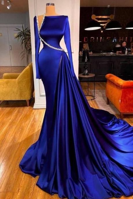 Blaues wunderschönes glänzendes langes Schlitz elegantes bodenlanges Ballkleid Abendkleid Partykleid gh3232