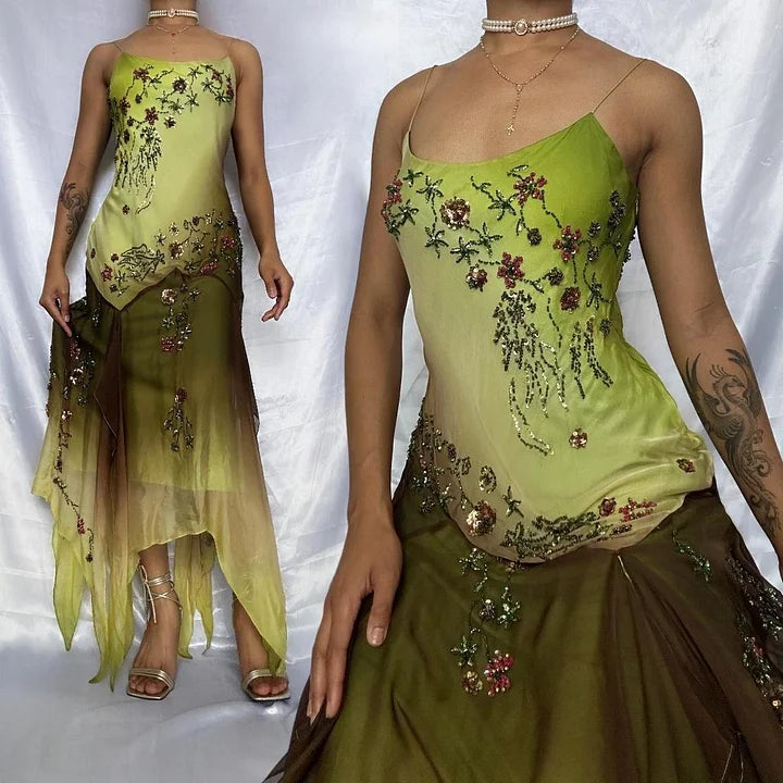 Robe de soirée longue en mousseline de soie à perles exquise dégradé de mode verte gh3512