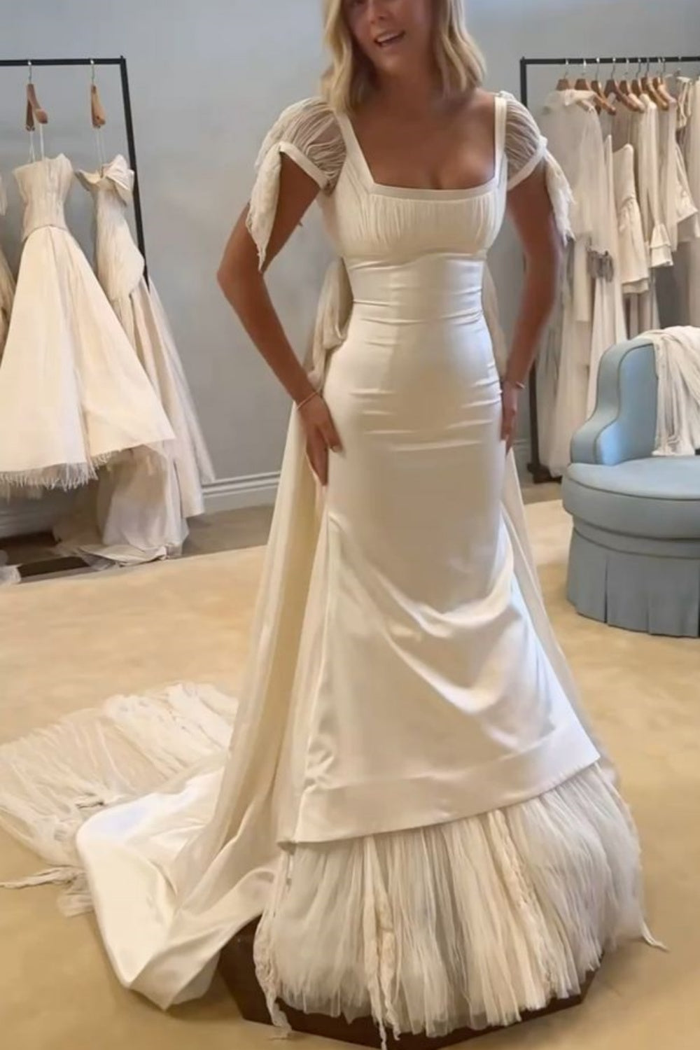 girlhomeshops-White Long Tulle Satin Short-Sleeved Ball Gown/Wedding Dress/Bridal Gown gh6271