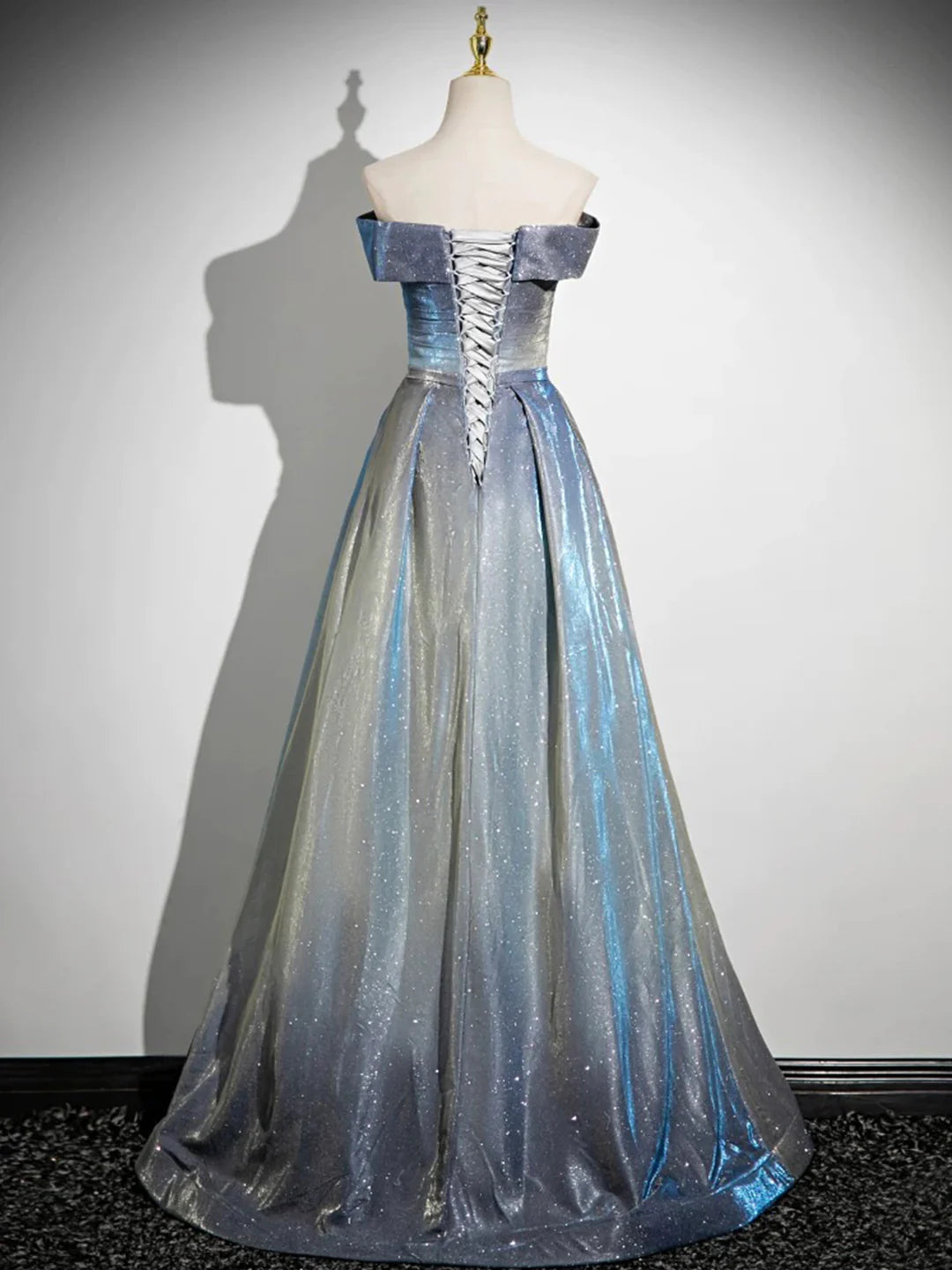 Robe de soirée élégante en satin bleu à épaules dénudées et dégradée, longueur au sol, robe de bal, robe de remise de diplôme, gh3438
