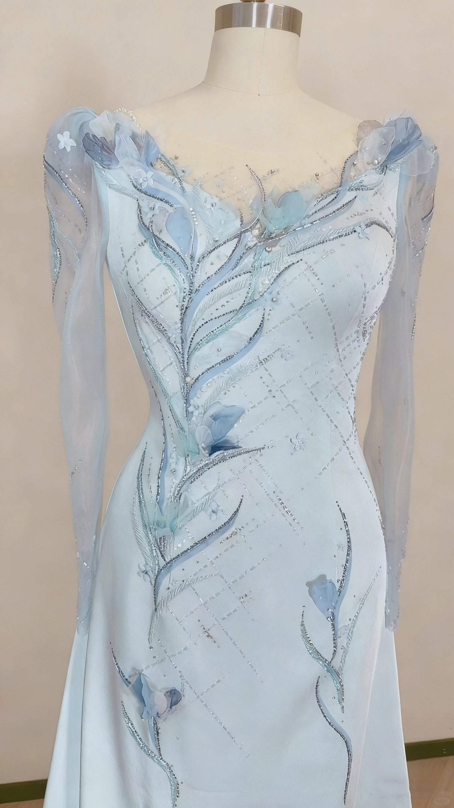 Robe de soirée bleu clair en satin transparent, manches longues, ornée de perles et de fleurs, longueur au sol gh6389
