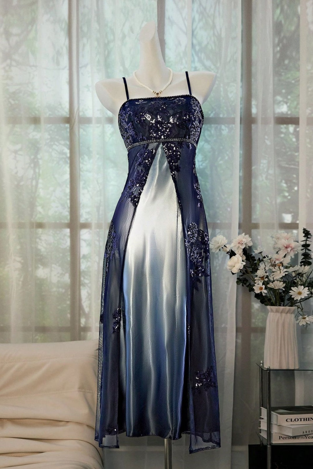 Robe nuisette bleu marine à sequins dégradés : broderie en dentelle, empiècement transparent, robe longue de soirée haut de gamme gh6607