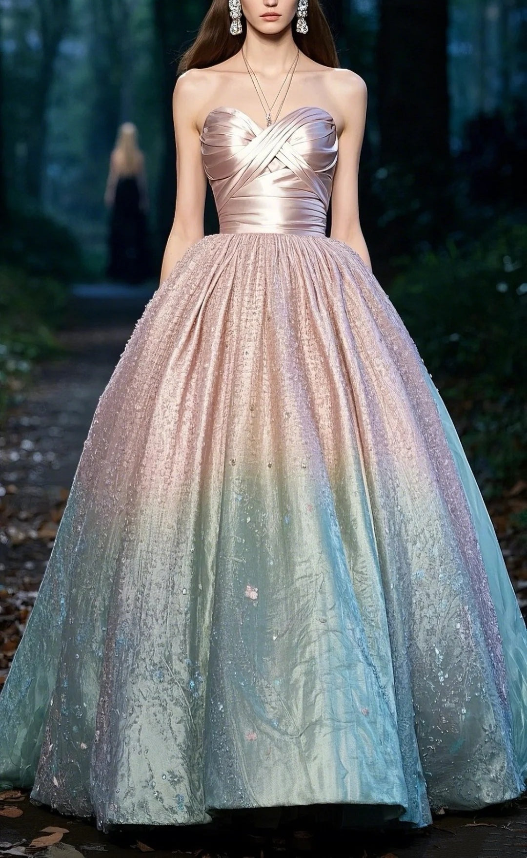 Pink Green Ombre Beading Long Shiny Satin Ball Gown Evening Dress gh4781