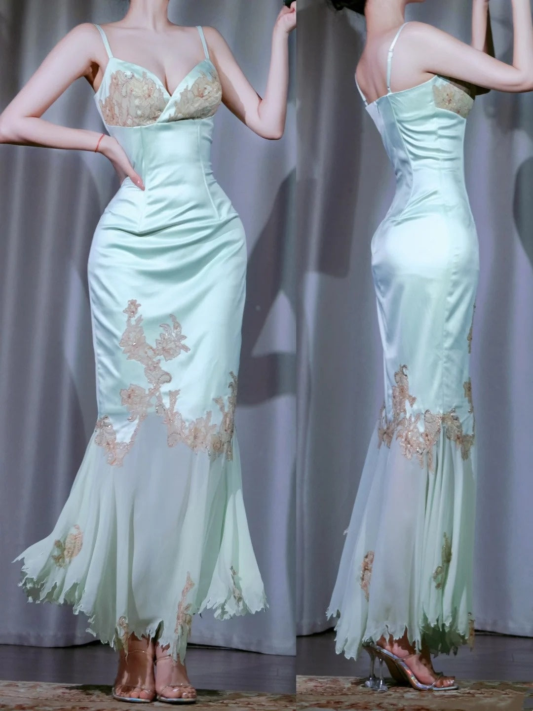 Girlhomeshops - Robe de soirée longue en satin et mousseline de soie, style rétro, motif floral vert, gh5911