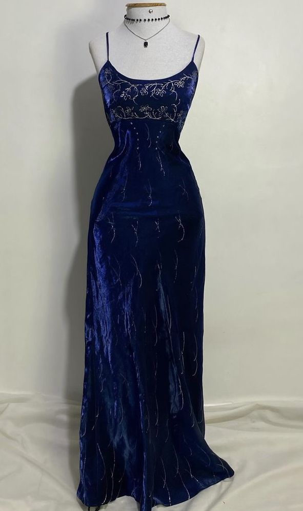 Blue vintage fashion elegant spaghetti straps exquisite beading long velvet ball gown evening dress party dress gh3377