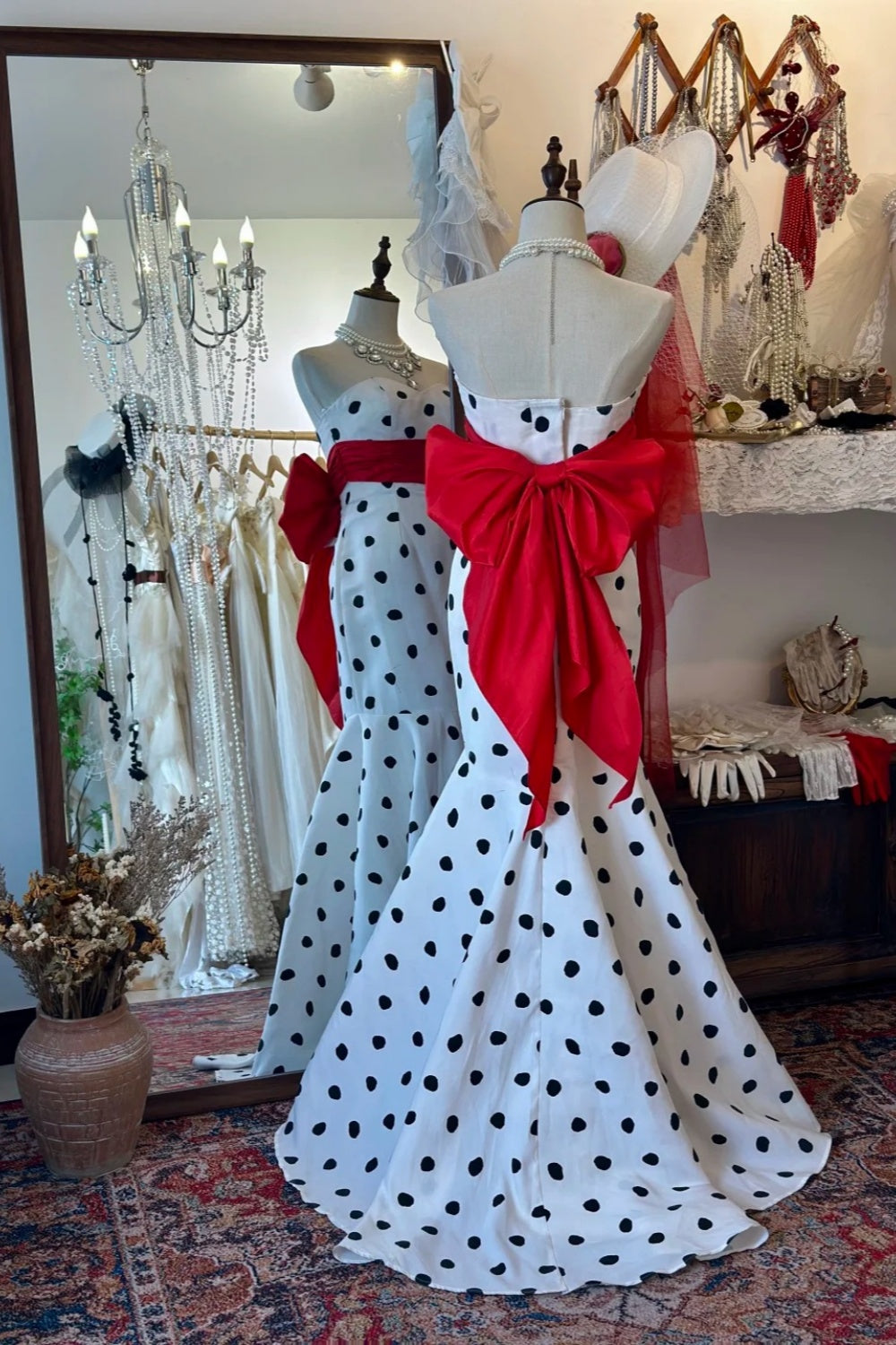 Retro Black & White Polka Dot Bandeau Mermaid Dress: Red Bow Belt, Fitted Flared Skirt, Banquet Centerpiece Gown gh6576