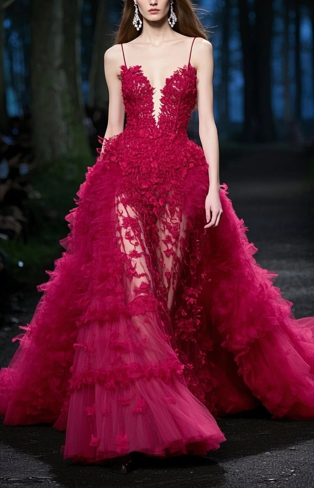 Pink Floral V Neck Long Tulle Ball Gown Evening Dress gh4782