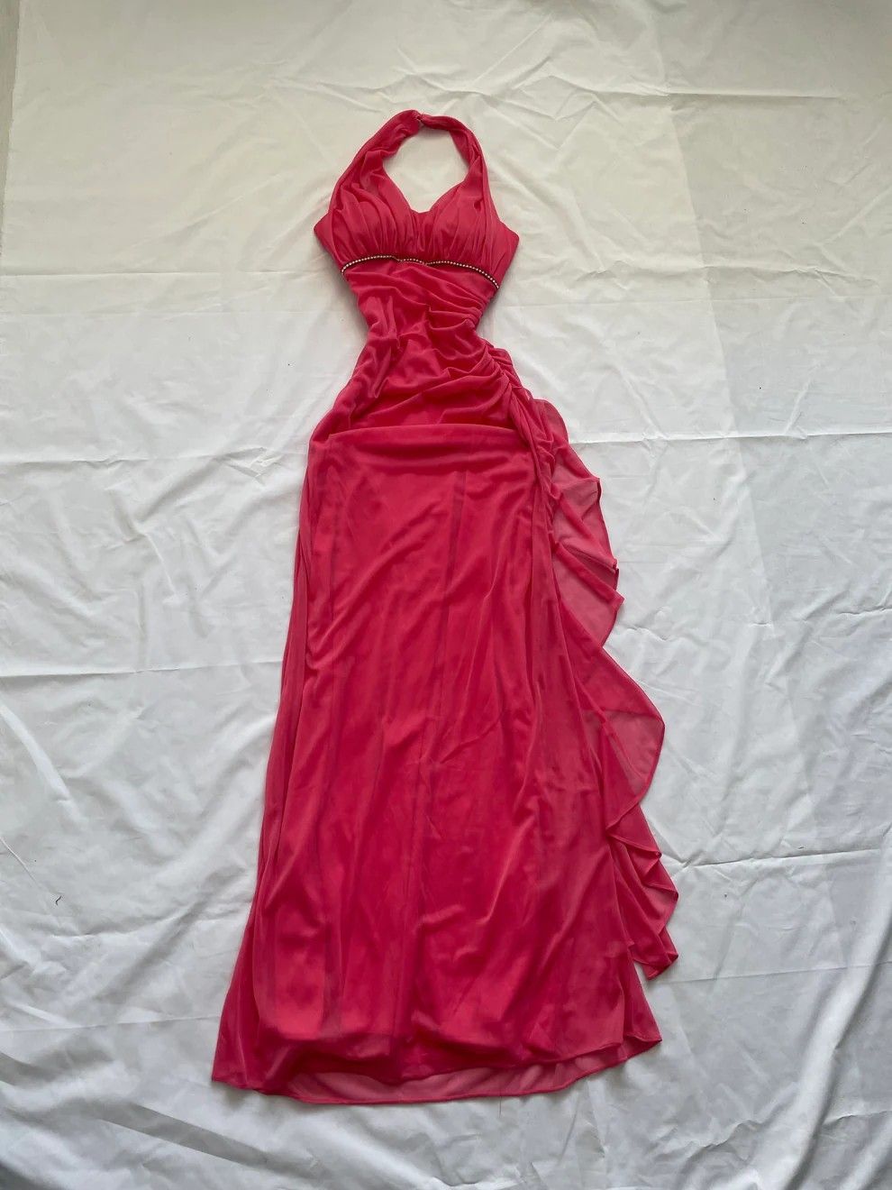 girlhomeshops - Robe de soirée vintage rose rouge à col halter en maille pailletée, ornée de fleurs 3D et de volants à la taille cintrée gh5996