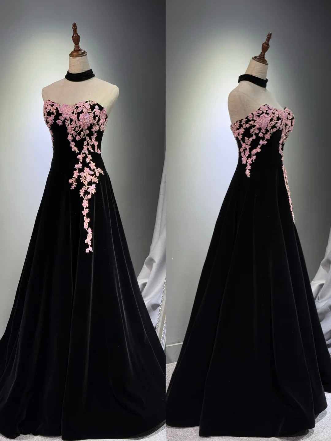 Girlhomeshops -Black velvet floral long ball gown evening gown graduation dress gh5111