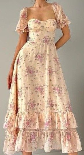 Girlhomeshops-Floral Ruffle Short Sleeve Long Chiffon Garden Party Dress Wedding Guest Dress gh5203
