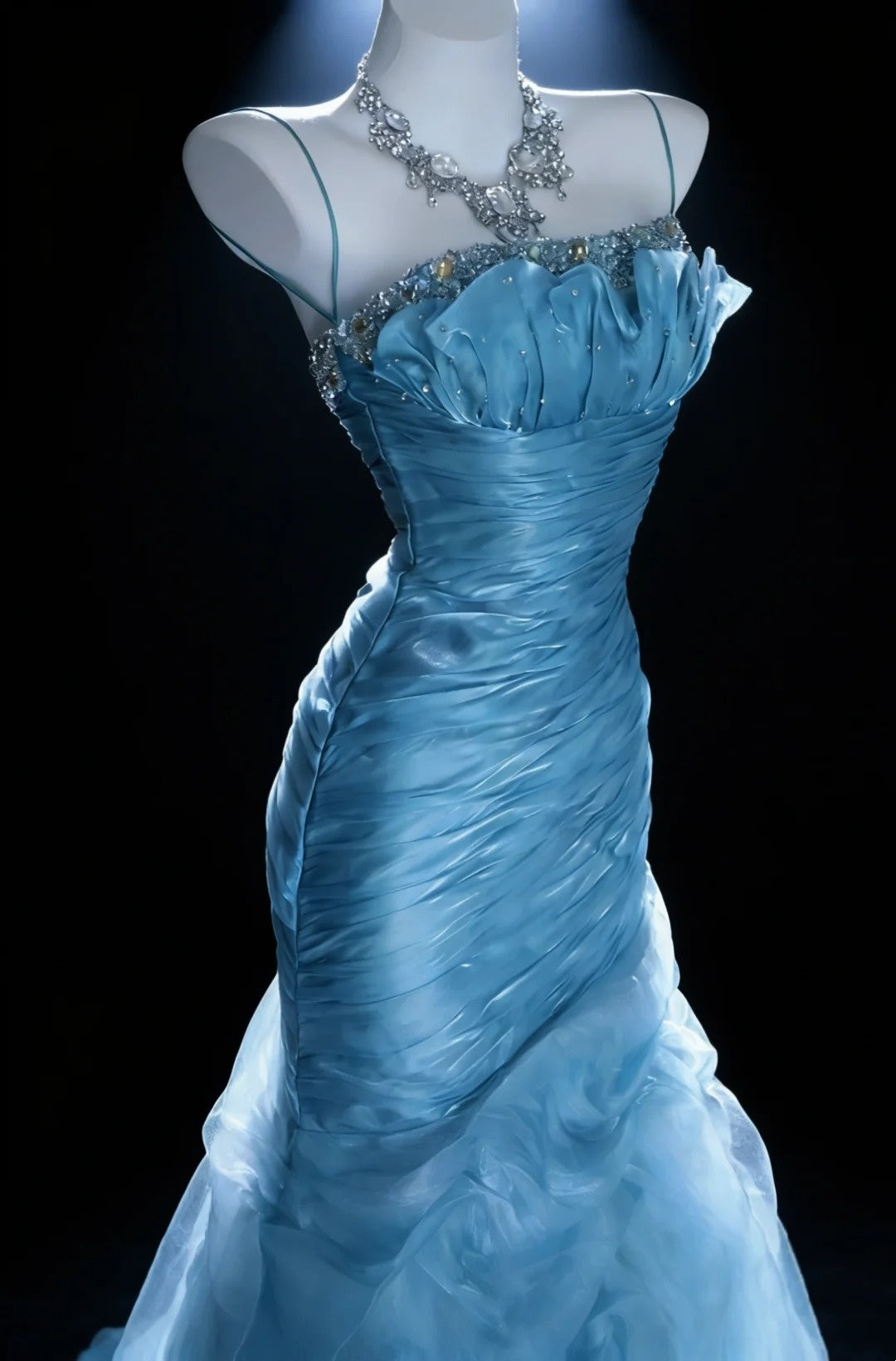 Ice Blue Mystery - Spaghetti Strap Beaded Ruched Mermaid Gown, Tulle Train Elegant Dress. gh7088