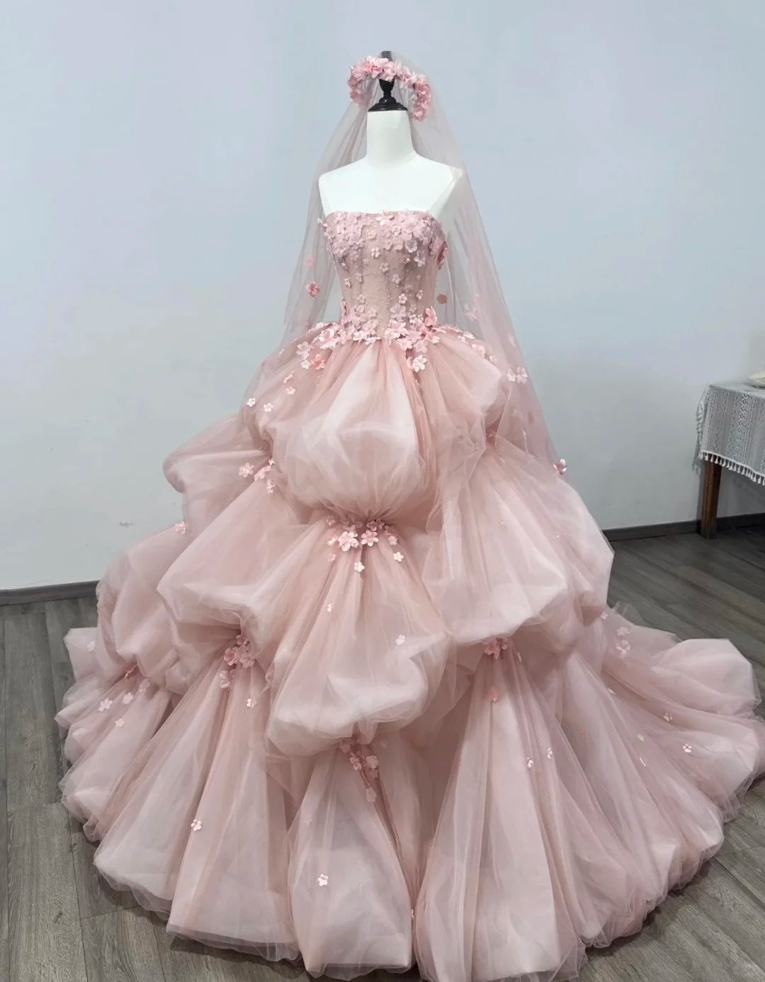 Robe de soirée longue en tulle rose, magnifique et exquise, à fleurs, longueur au sol, robe de mariée gh3839