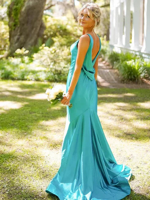 Blue Elegant V Neck Long Satin prom dress Evening Dress Wedding Guest Party Dress gh3343