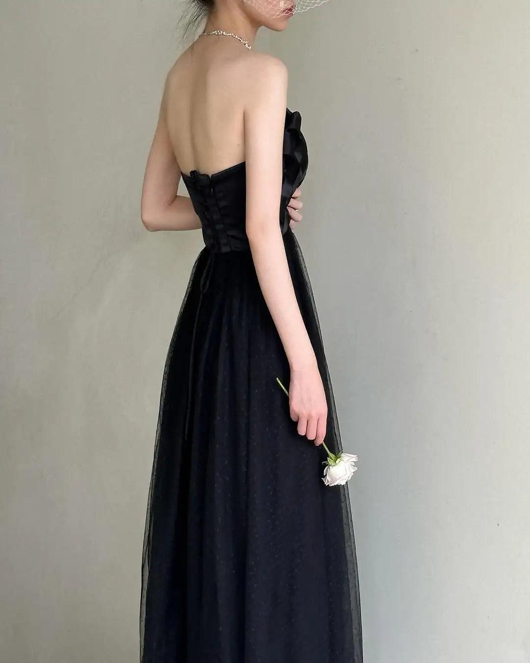 girlhomeshops--Retro Black Swan Simple Elegant Formal Long Tulle Prom Dress gh5607