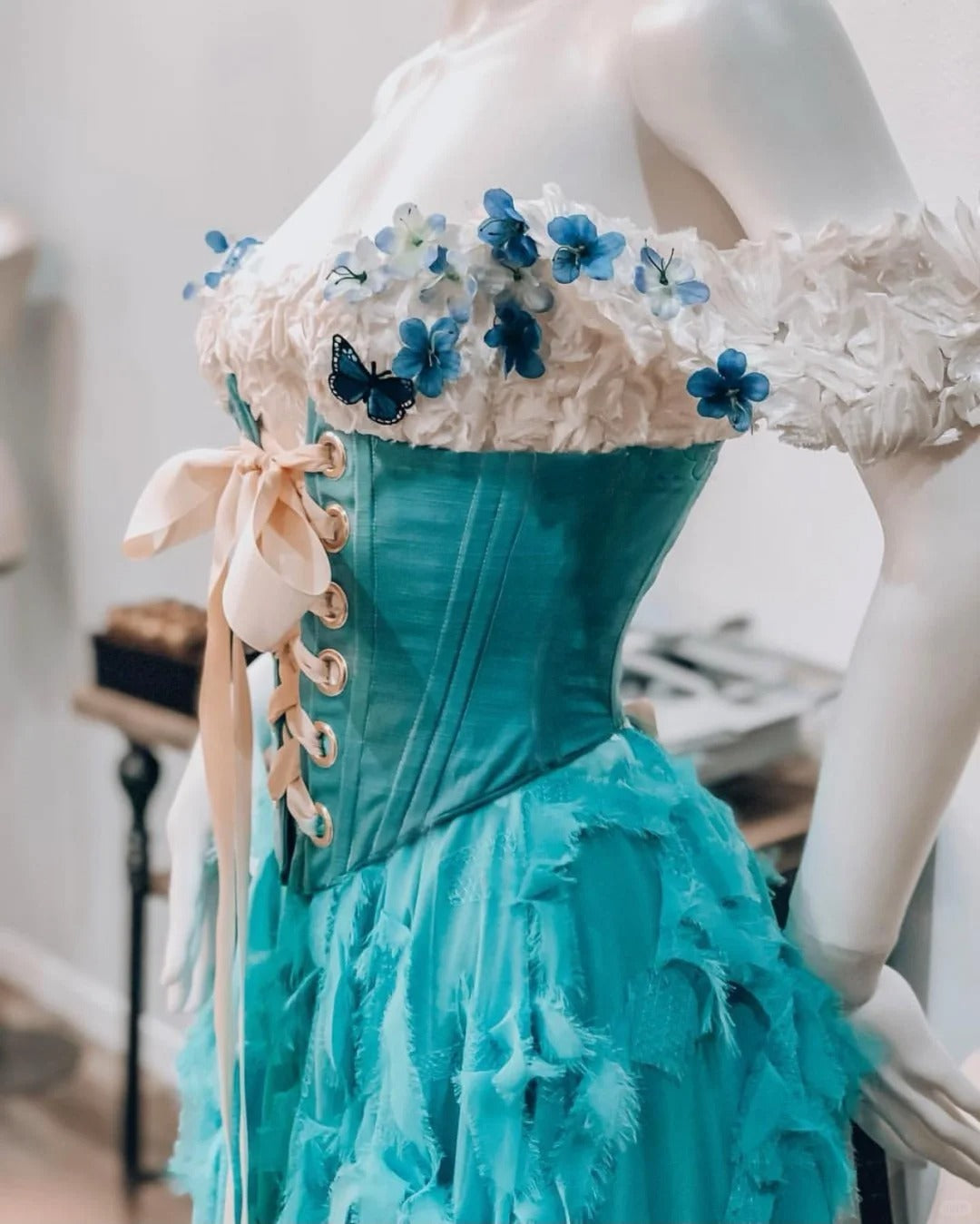 Girlhomeshops-Blue floral corset long retro elegant Prom dress evening dress gh5072