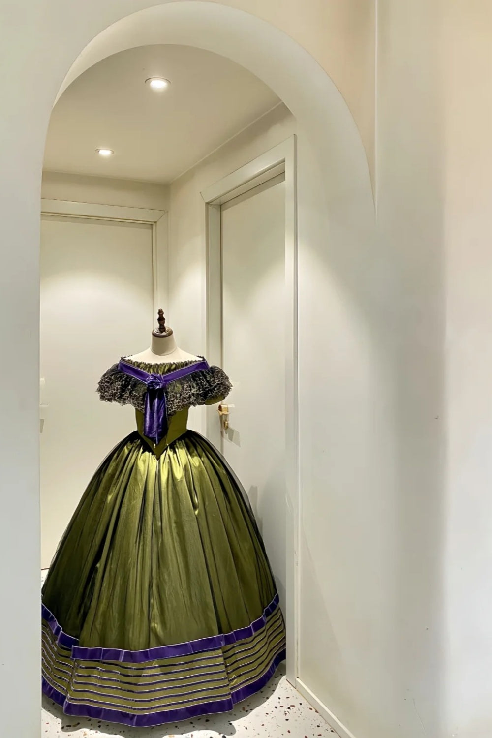 Olive Green Satin Off-the-shoulder Victorian Ball Gown: Satin Fabric, Velvet Floral Trim, Star-patterned Lace, Retro Ballgown Silhouette, Ball Formal Dress gh6734
