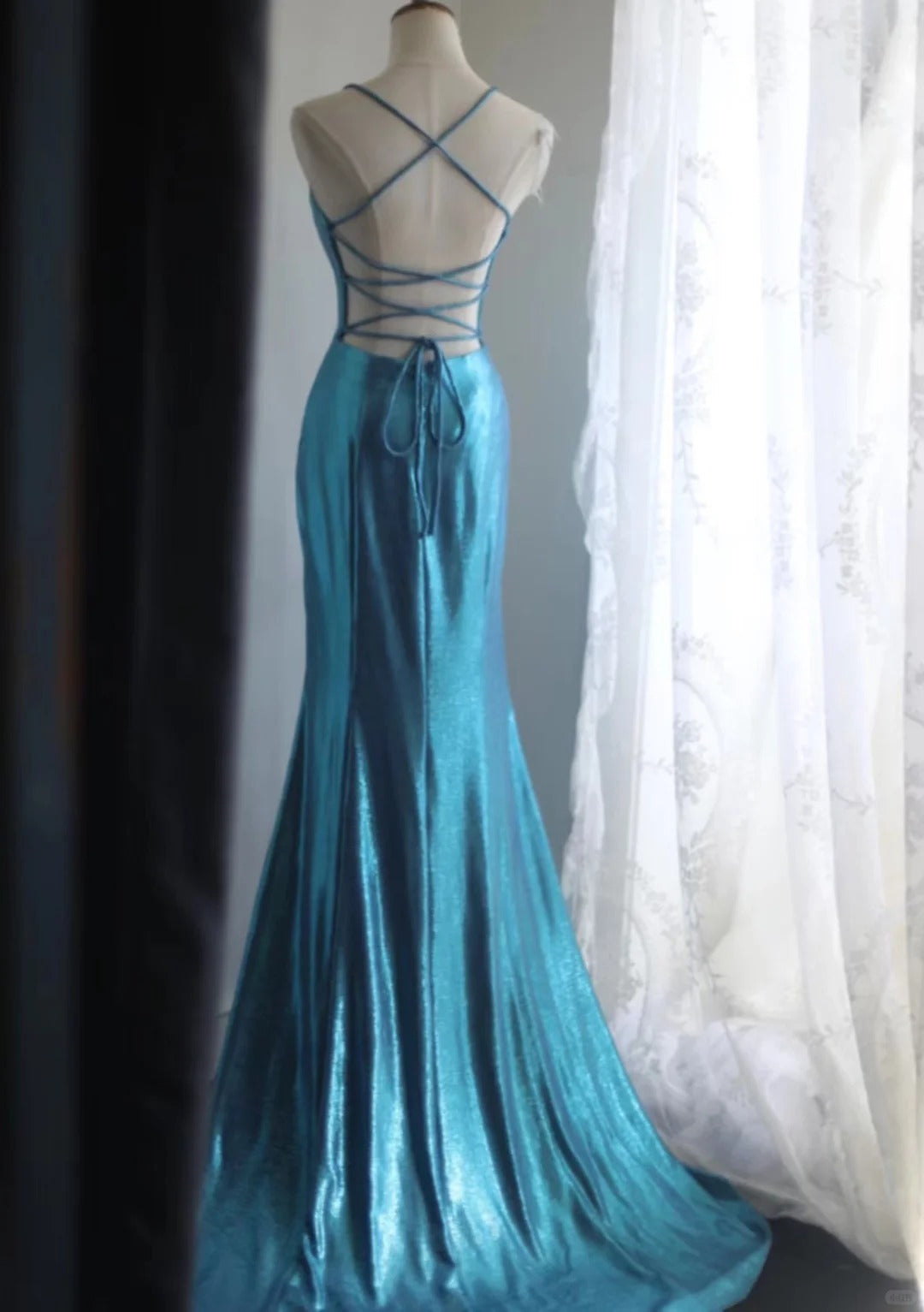 Blaues elegantes Satin-Lang-Meerjungfrauen-Schlankschnitt-Bodenlanges Ballkleid-Abendkleid-Abschlussballkleid gh4201