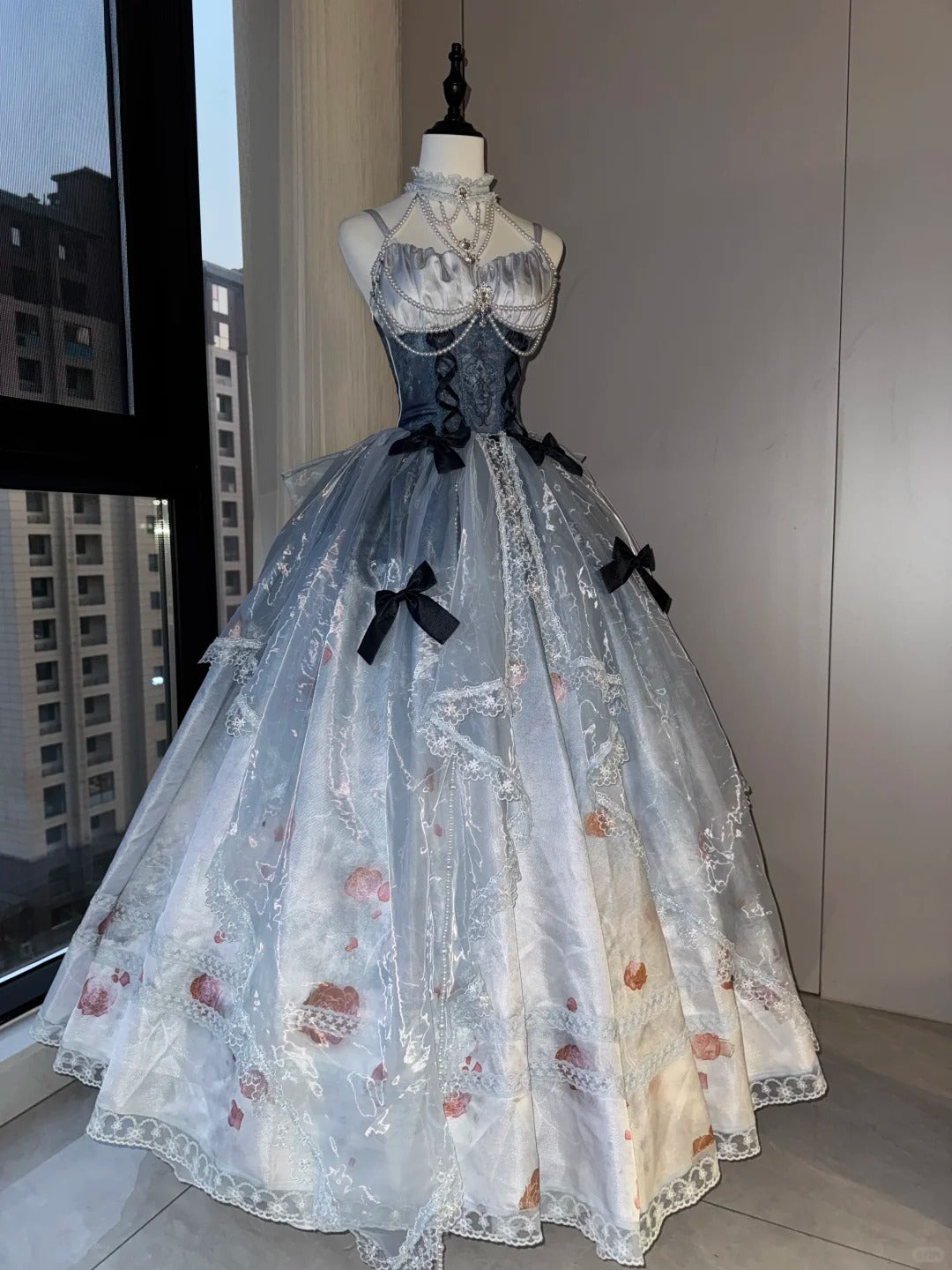 Girlhomeshops-Gray Blue Fantasy Floral Long Tulle Ball Gown Quinceanera Dresses gh5052