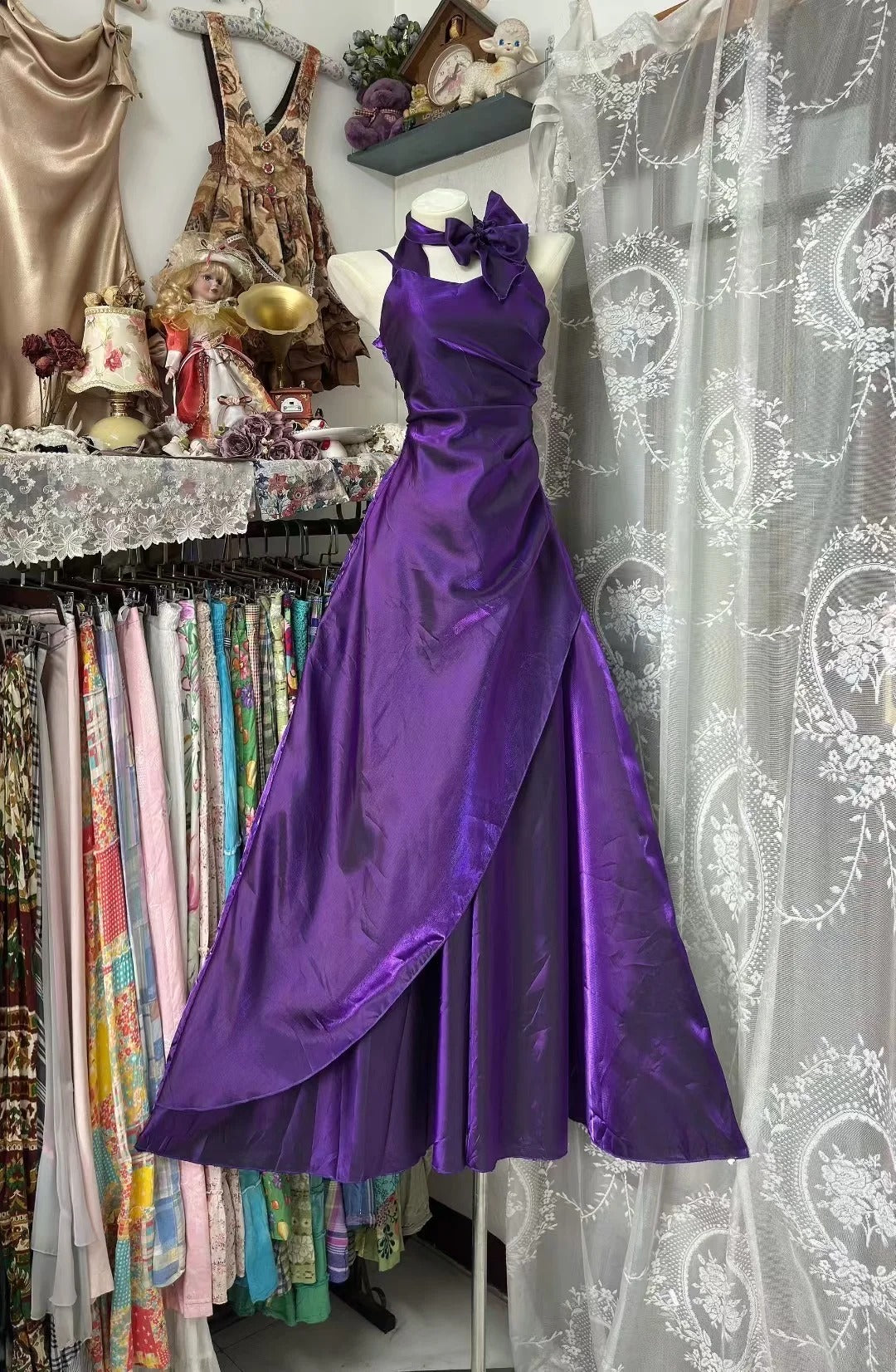 Girlhomeshops--Purple retro elegant long satin prom dress gh5511