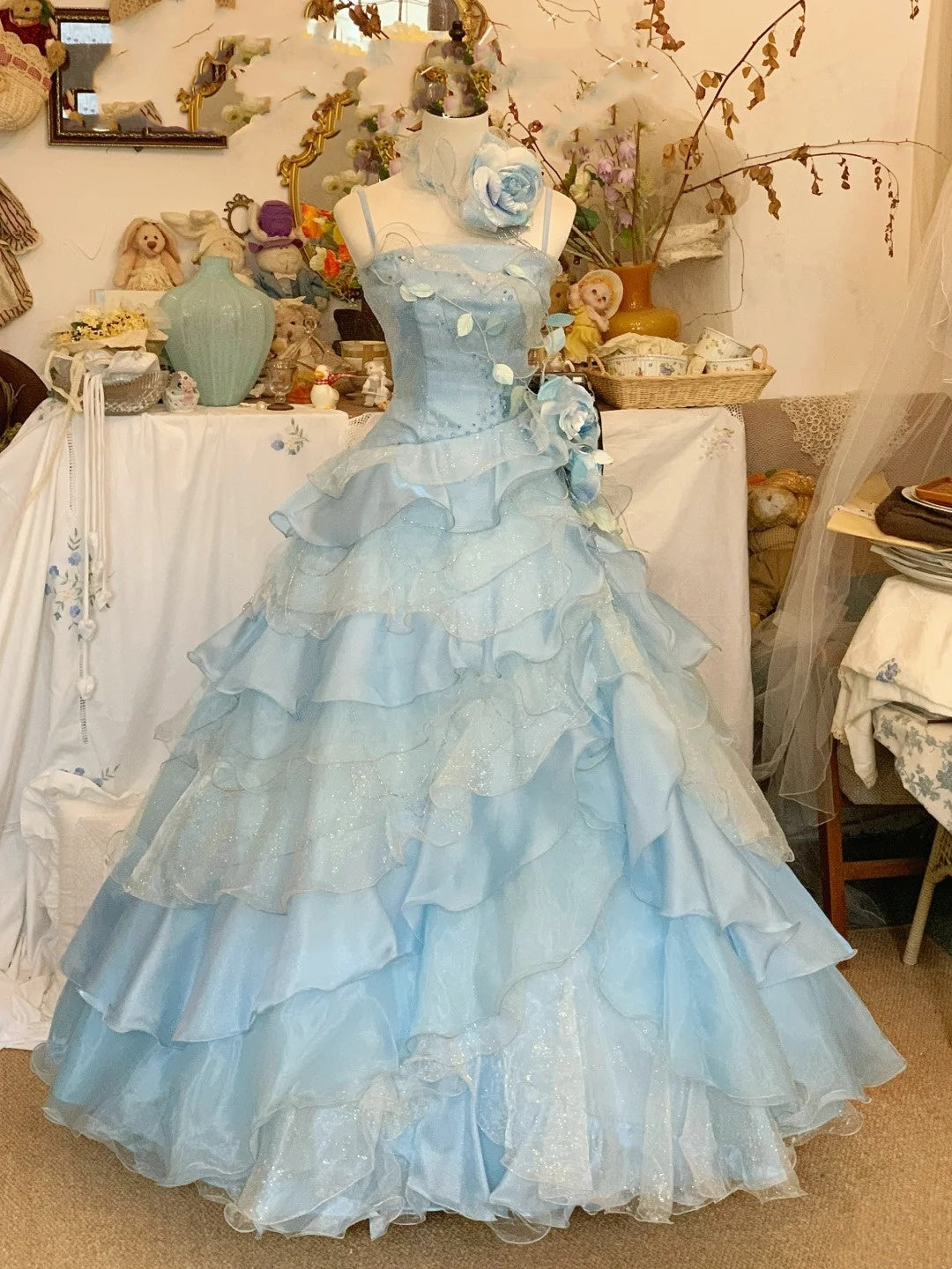 Robe de soirée longue en tulle à fleurs bleues gh4573