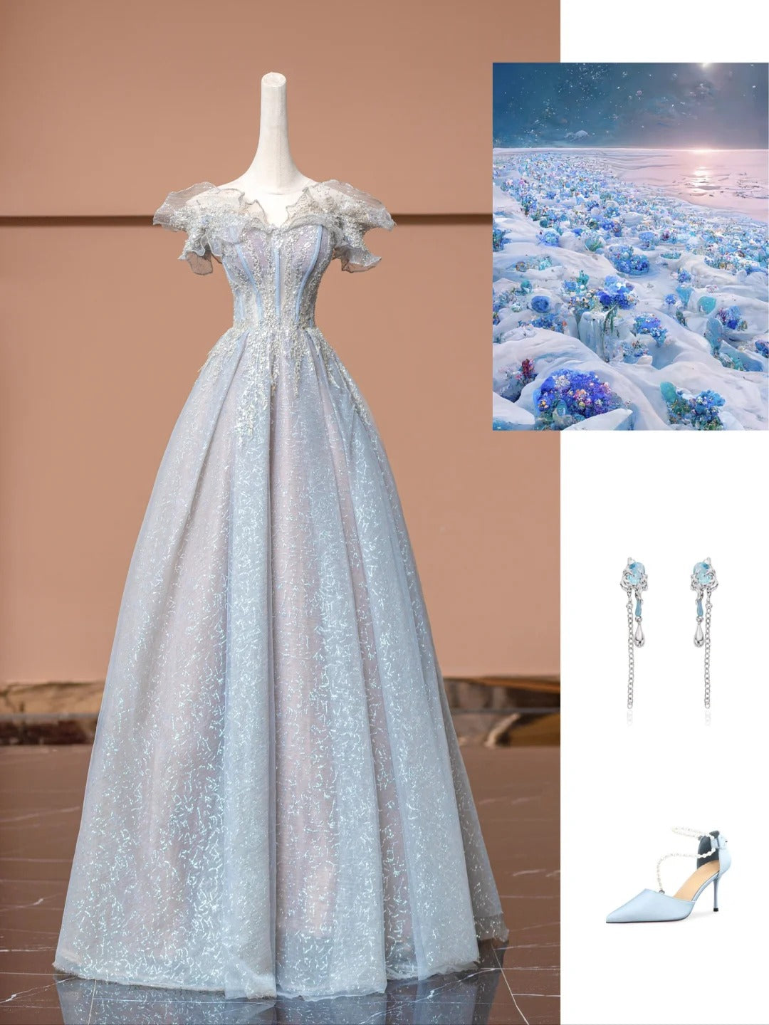 Blue sparkling fashion elegant tulle satin long prom dress evening dress party dress gh4868