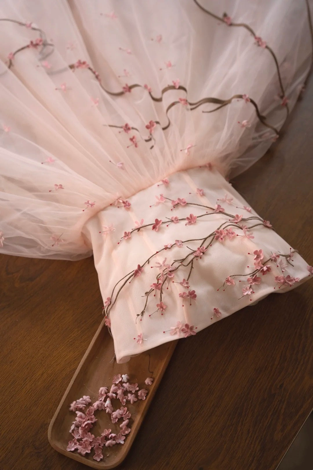 girlhomeshops- Vintage Peach Pink Plum Blossom 3D Embroidered Strapless Tulle Chinese Style Evening Gown gh6034