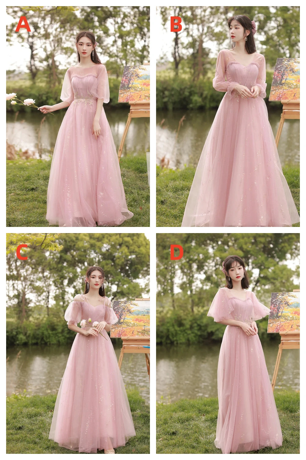 Robe de soirée longue en tulle rose à coupe trapèze, robe de demoiselle d'honneur 8869