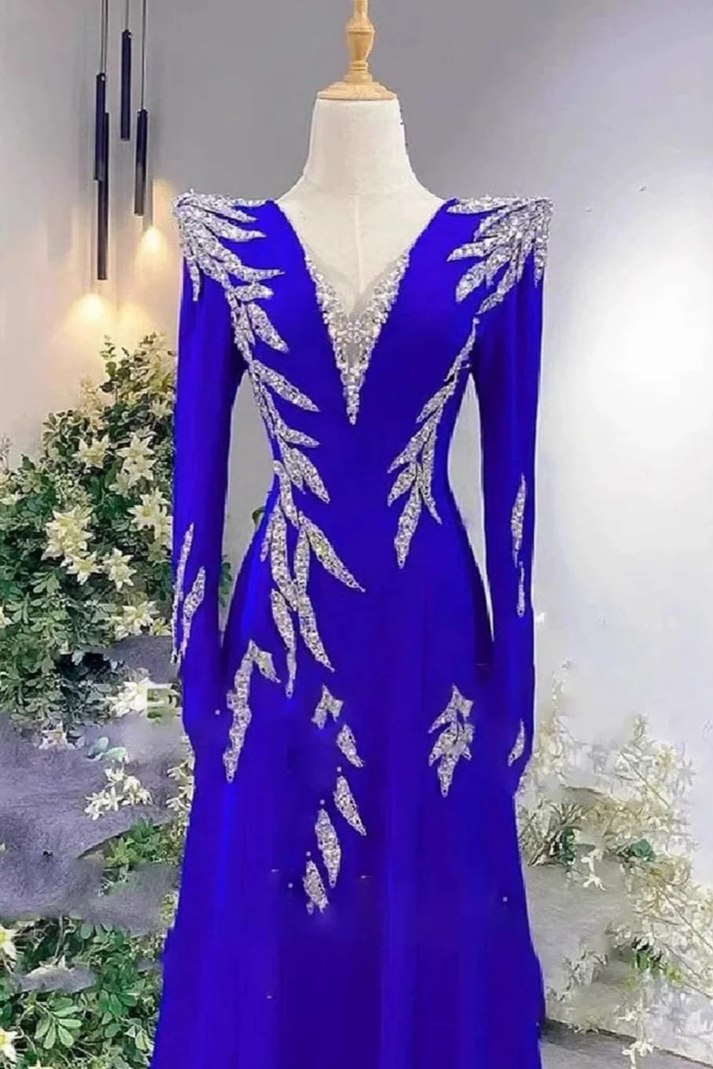 Royal Blue Shiny Long-Sleeve Beaded Train Gown gh6386