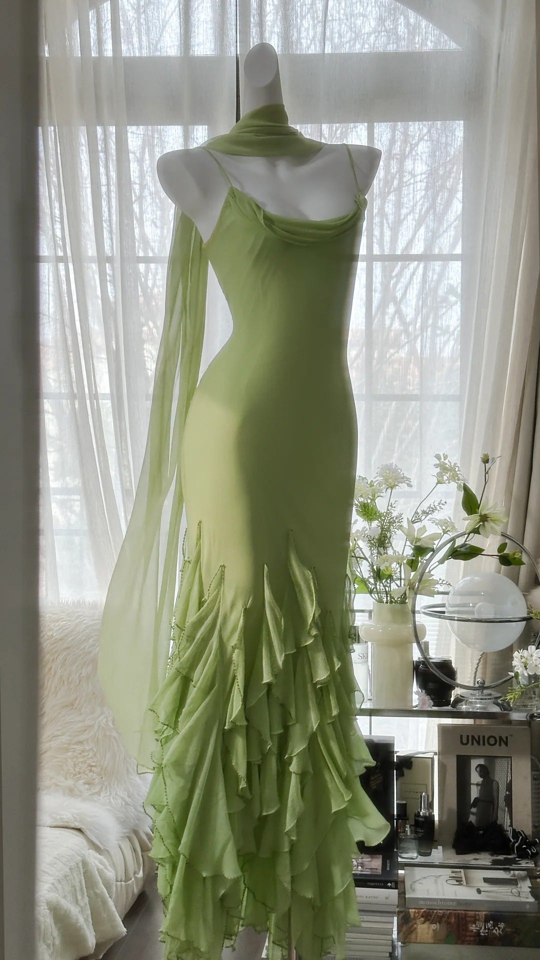 Green Stylish Elegant Spaghetti Straps Long Ruffled Mermaid Slim Fit Chiffon Ball Gown Birthday Party Dress Evening Dress Prom Dress gh3976