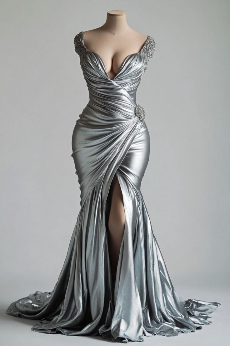 girlhomeshops-Silver Shiny Satin Beaded Short Sleeve Floor-Length Slit Mermaid Gown gh6321