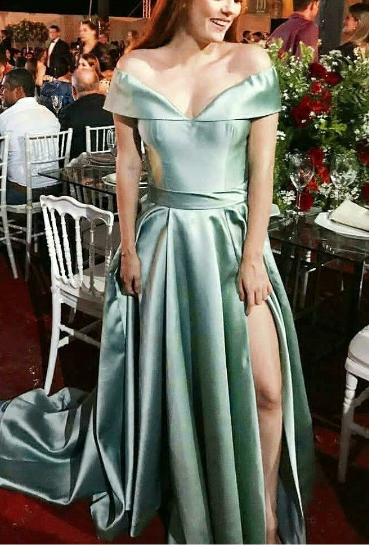 girlhomeshops-Grünes elegantes langes Satin-Ballkleid gh5959