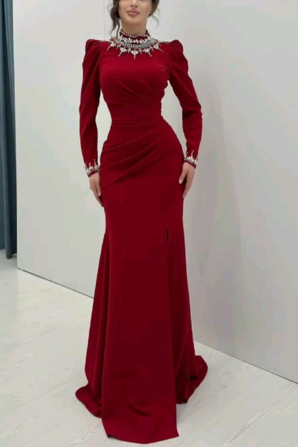 girlhomeshops-Red Long-Sleeved Long Dress gh6261