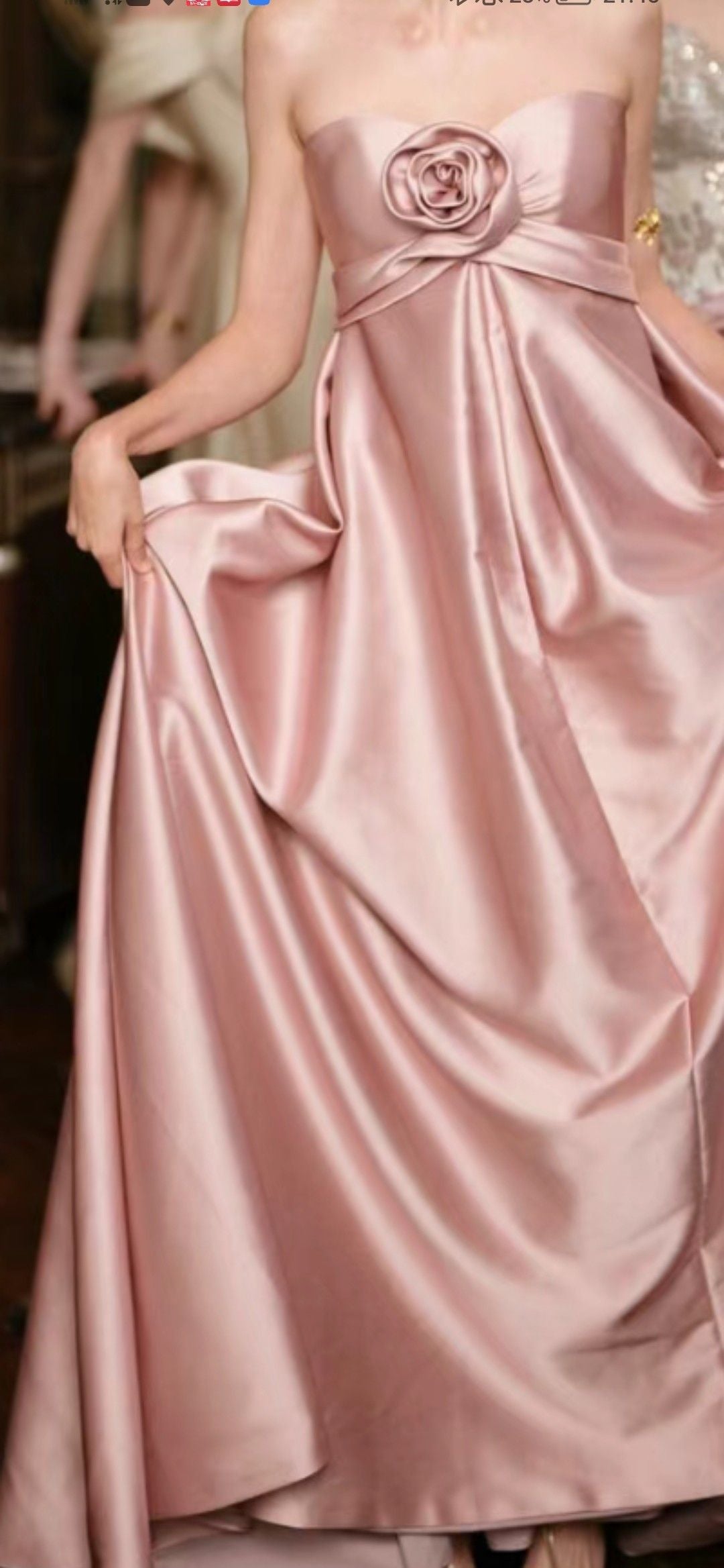girlhomeshops-Rosa Elegantes, schlichtes, florales langes Satin-Ballkleid, Brautjungfernkleid gh5951