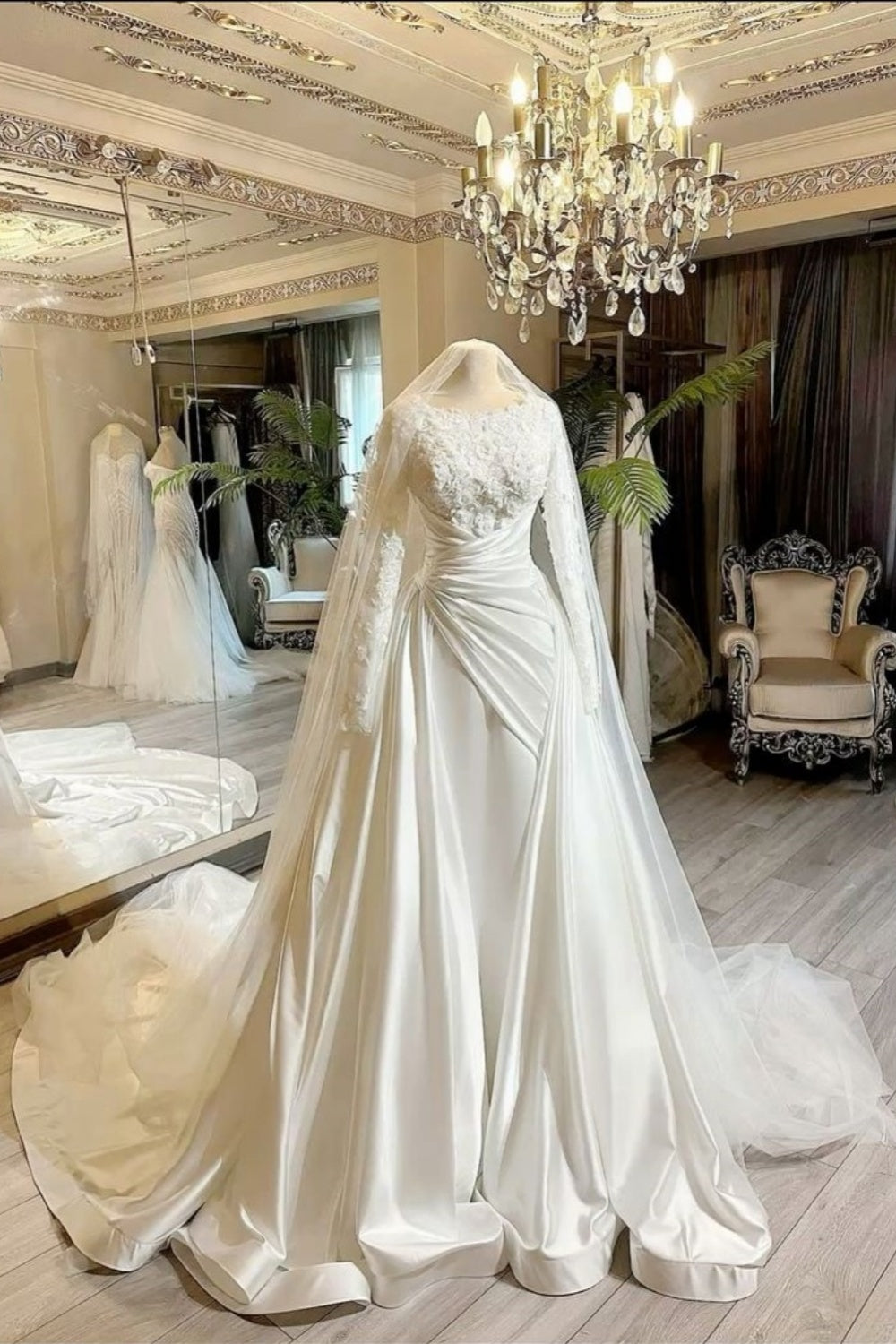 Light Luxury Elegant Style Crew Neck Lace Long-Sleeve Train Gown | Satin Embroidered Maxi Dress with Overskirt Train for Wedding Bridal Church Ceremony Luxury Engagement Banquet gh6411