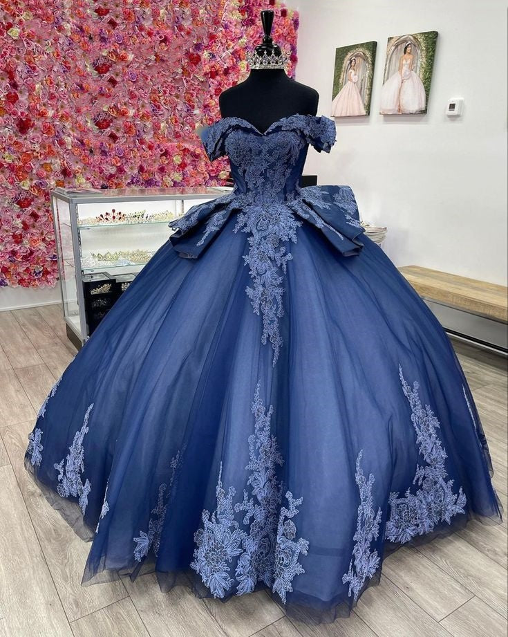 Robe de soirée longue en tulle bleu marine avec appliques en dentelle exquise et magnifique, robe de cérémonie pour adulte gh3346