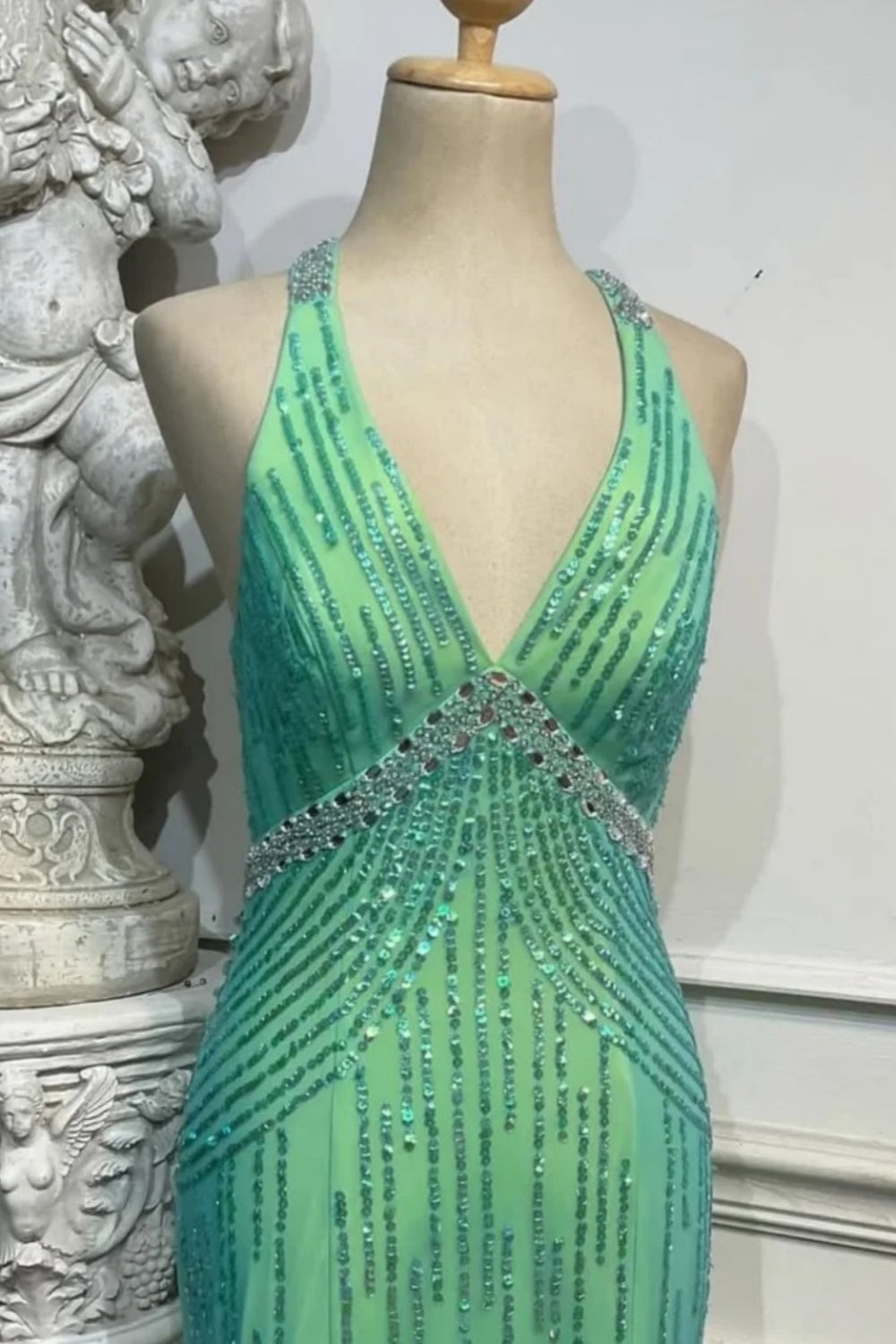 Halter Neck Open-Back Teal-Green Ombre Sequin Mermaid Gown | Luxury Elegant Cross-Strap Floor-Length Dress for Gala Ball gh6468