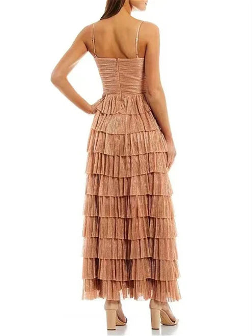 Nude elegant spaghetti strap long tulle tiered ball gown formal evening dress party dress gh2881