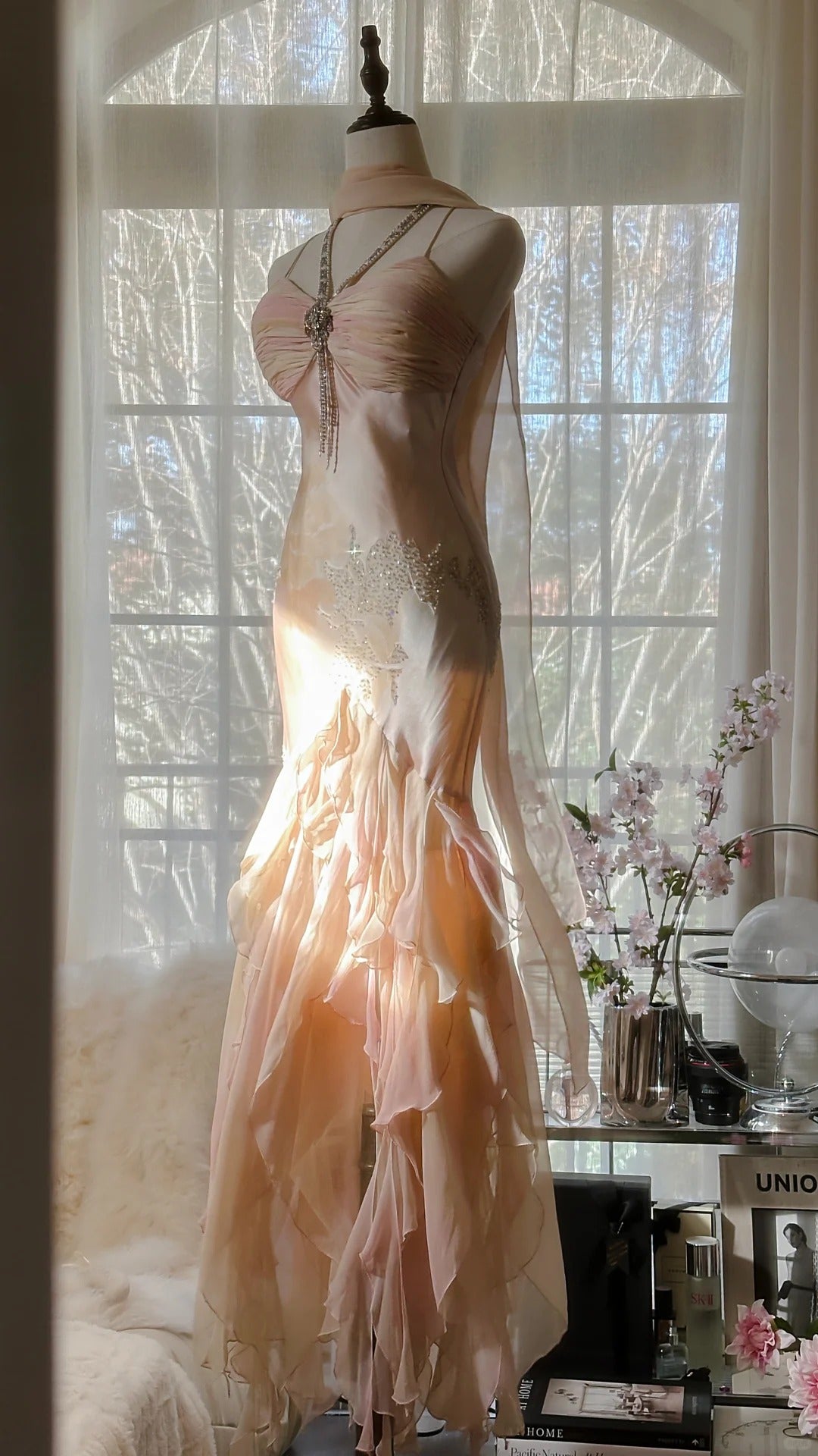 Robe de soirée longue en satin et mousseline de soie, rose clair, magnifique, avec perles exquises, bretelles spaghetti, pour anniversaire ou fête, gh4064