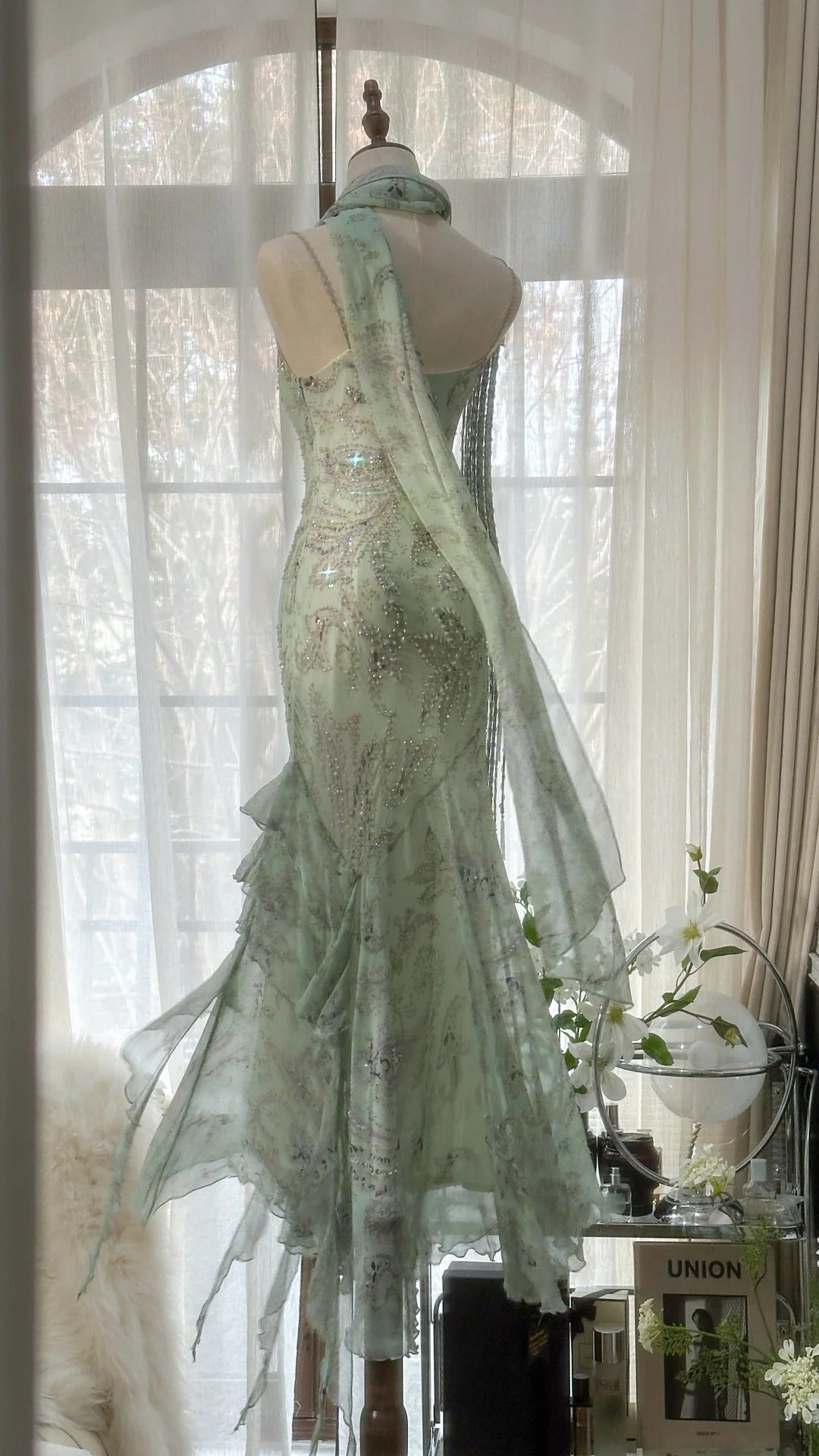 Mint Green Romantic Fashion Elegant Exquisite Beading Spaghetti Straps Long Tulle Chiffon Ruffle Ball Gown Evening Dress Party Dress gh4058