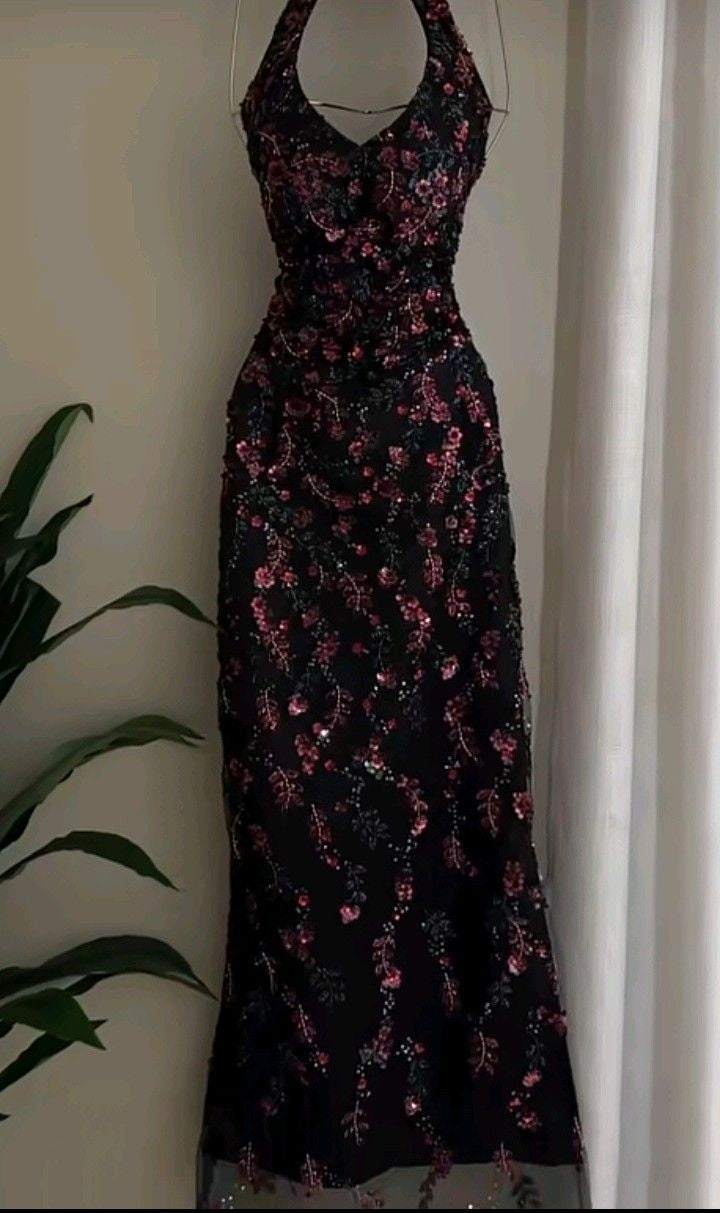 girlhomeshops - Robe longue en tulle noir à fleurs, délicate et élégante gh6265
