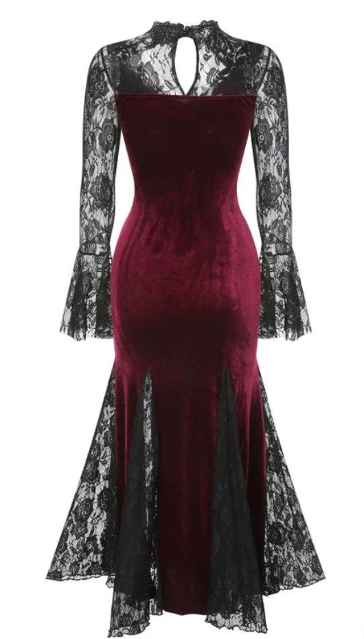 girlhomeshops-Burgunderrotes, langärmliges Gothic-Spitzenkleid aus Samt, Ballkleid, Abendkleid gh5813
