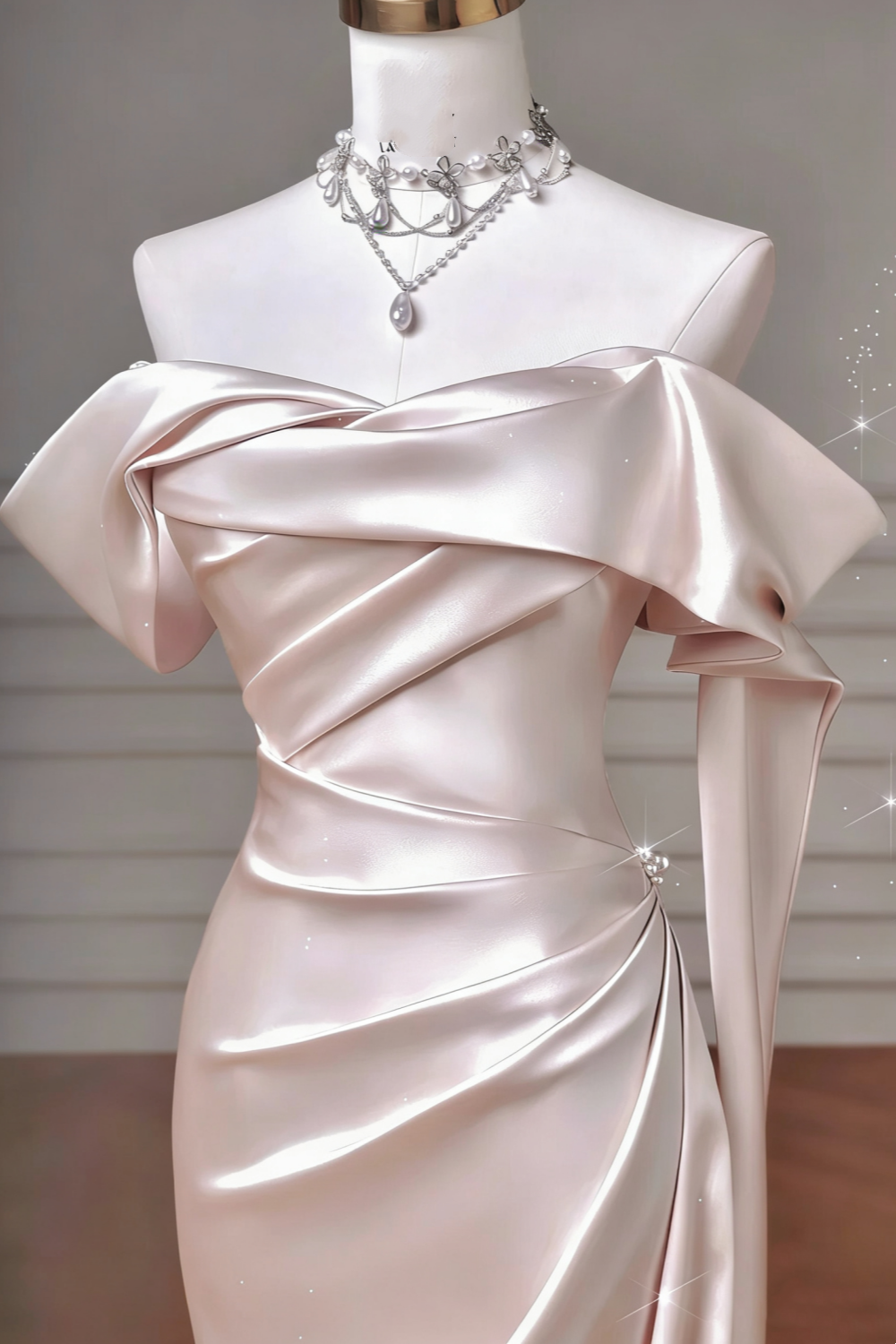 High-End Texture Style Champagne Gold Satin Off-Shoulder Ruched Train Gown - Elegant Dress for Dinner & Red Carpet gh6546