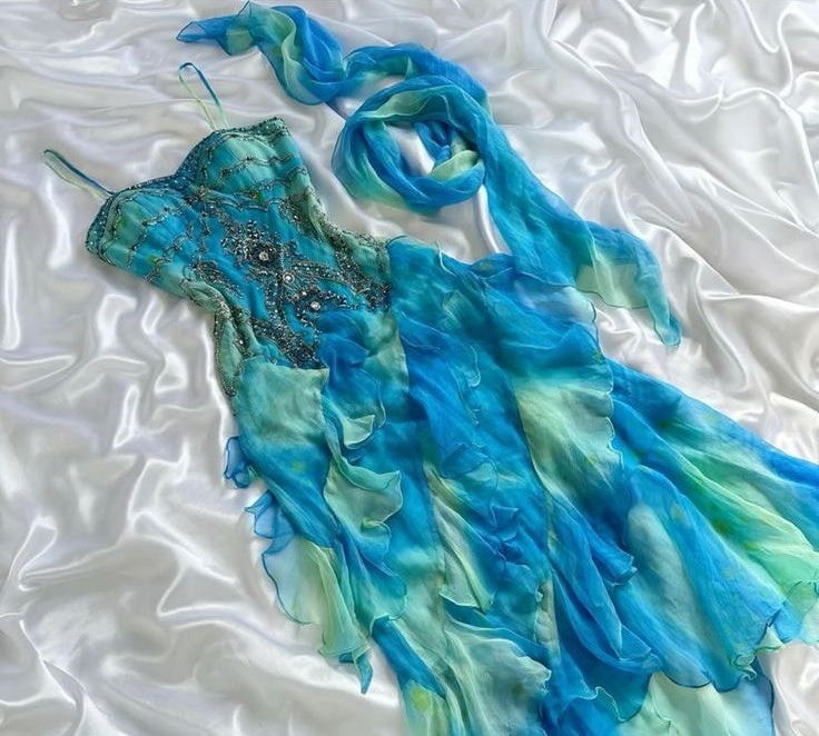 Blue Gradient Shiny Gorgeous Retro Fashion Exquisite Gemstone Beads Long Ankle Length Chiffon Ruffle Ball Dress Evening Dress Party Dress Prom Dress gh3777