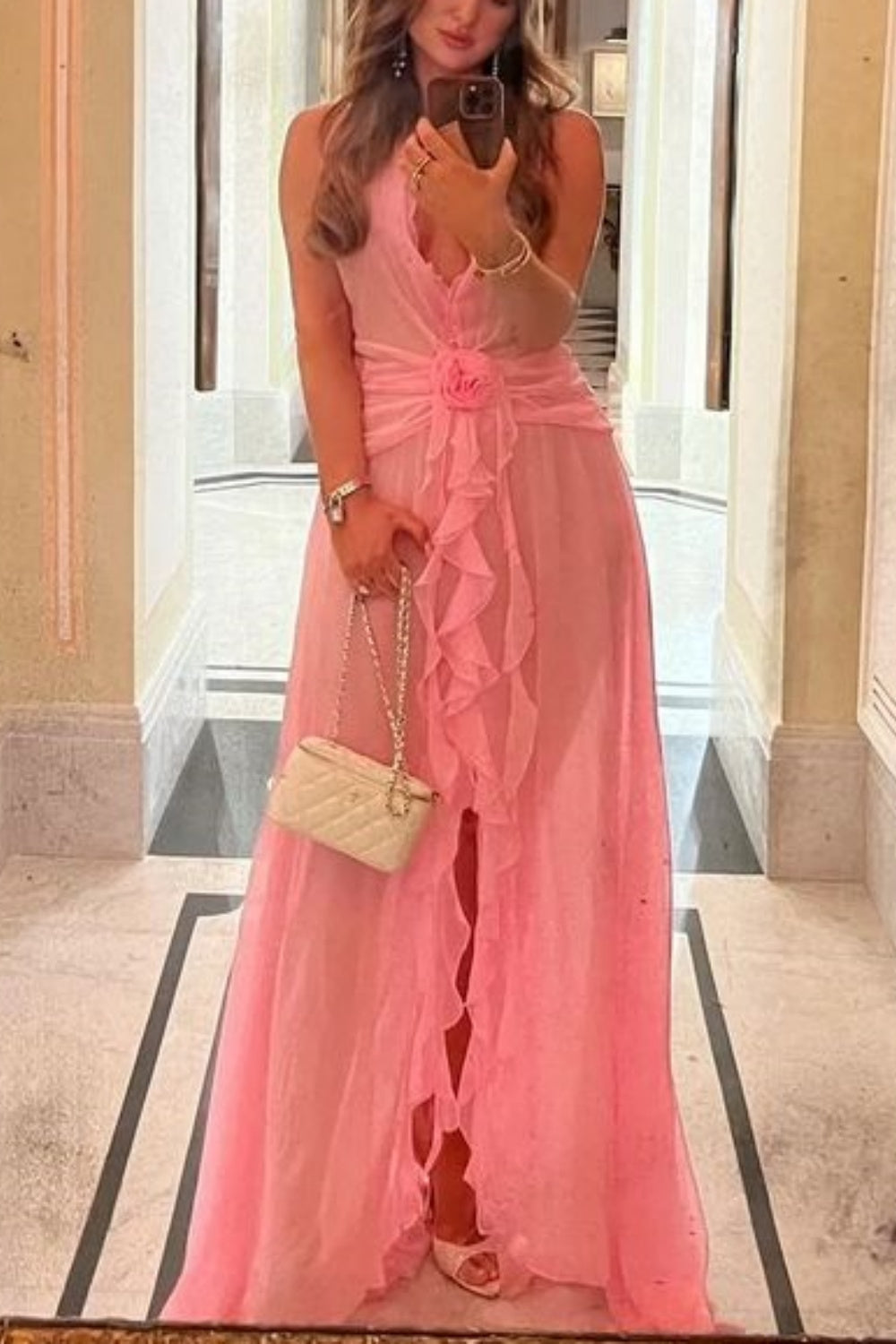 girlhomeshops-Rosa Elegante Lange Chiffon Brautjungfernkleider Hochzeitsgäste Partykleider gh5949