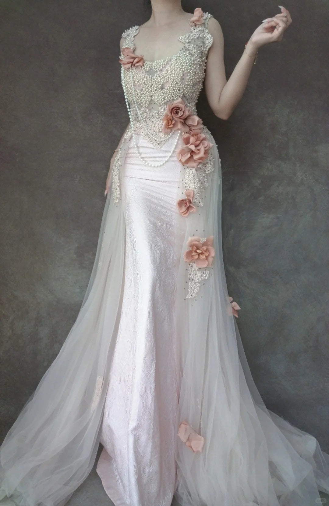 Robe de soirée sirène longue en tulle et dentelle, rose, perlée, magnifique, coupe slim, gh4706