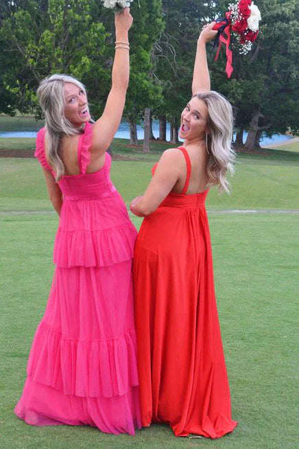 Robe de soirée élégante en tulle rose fuchsia, manches volantées, bretelles longues, volants, longueur au sol, robe de bal, robe de soirée, robe de remise de diplôme, gh2796