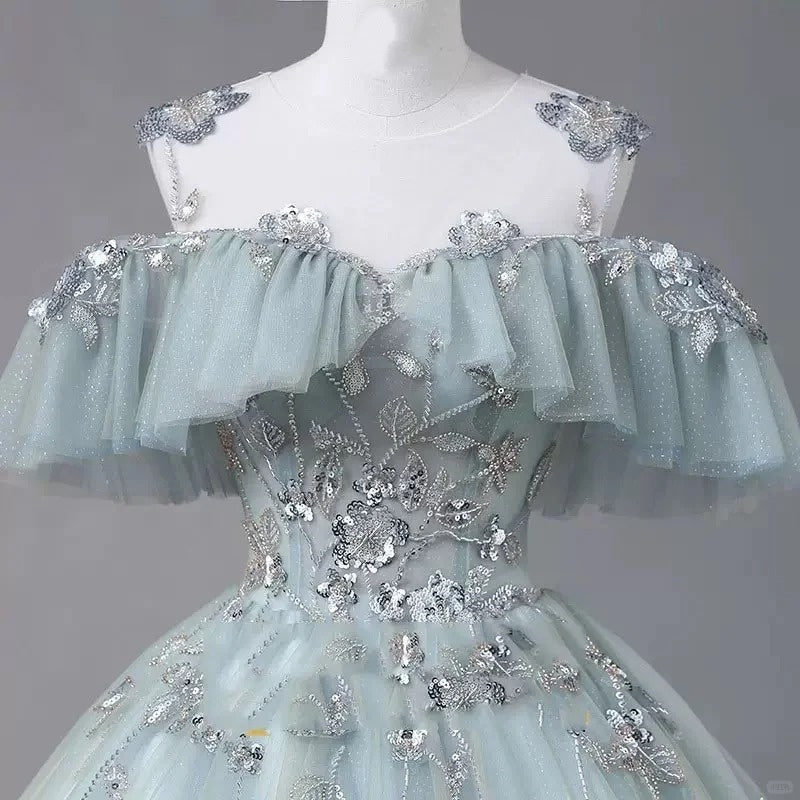 Girlhomeshops-Light green floral bead decoration long chiffon tulle graduation dress, adult ceremony dress, ball dress, prom dress, 16-year-old dress, model dress gh5310