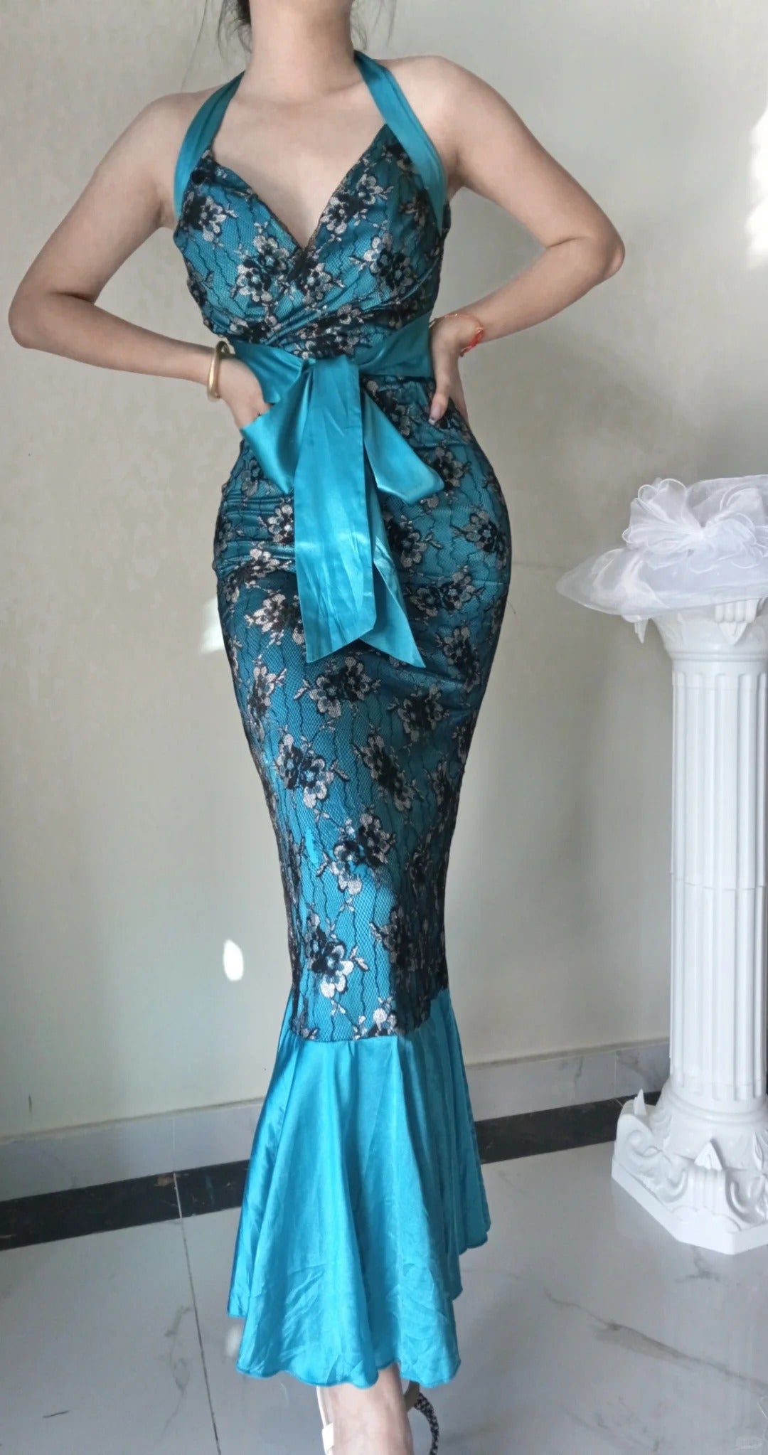 Robe de soirée longue en satin bleu vintage à fleurs, élégante, style sirène, coupe ajustée, gh4710