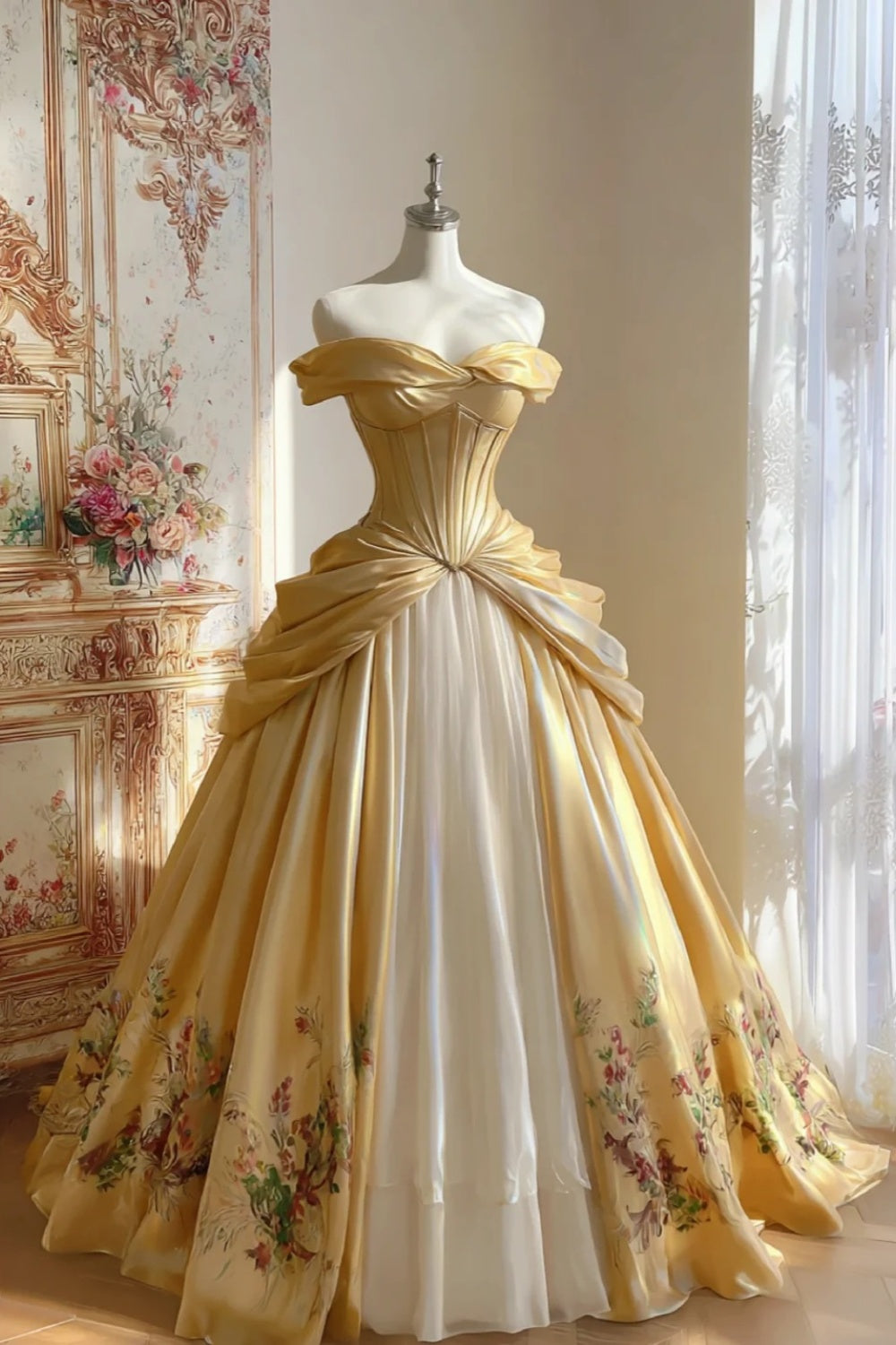 Gilded Court Gowns | Neoclassical Dress Collection: 18th-19th Century Court Gowns with a Retro Romantic Satin Gold Finish gh6733