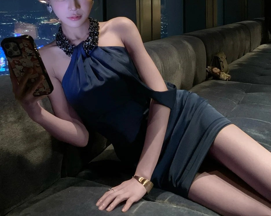 Navy blue fashionable short fashion party dress satin gh6639